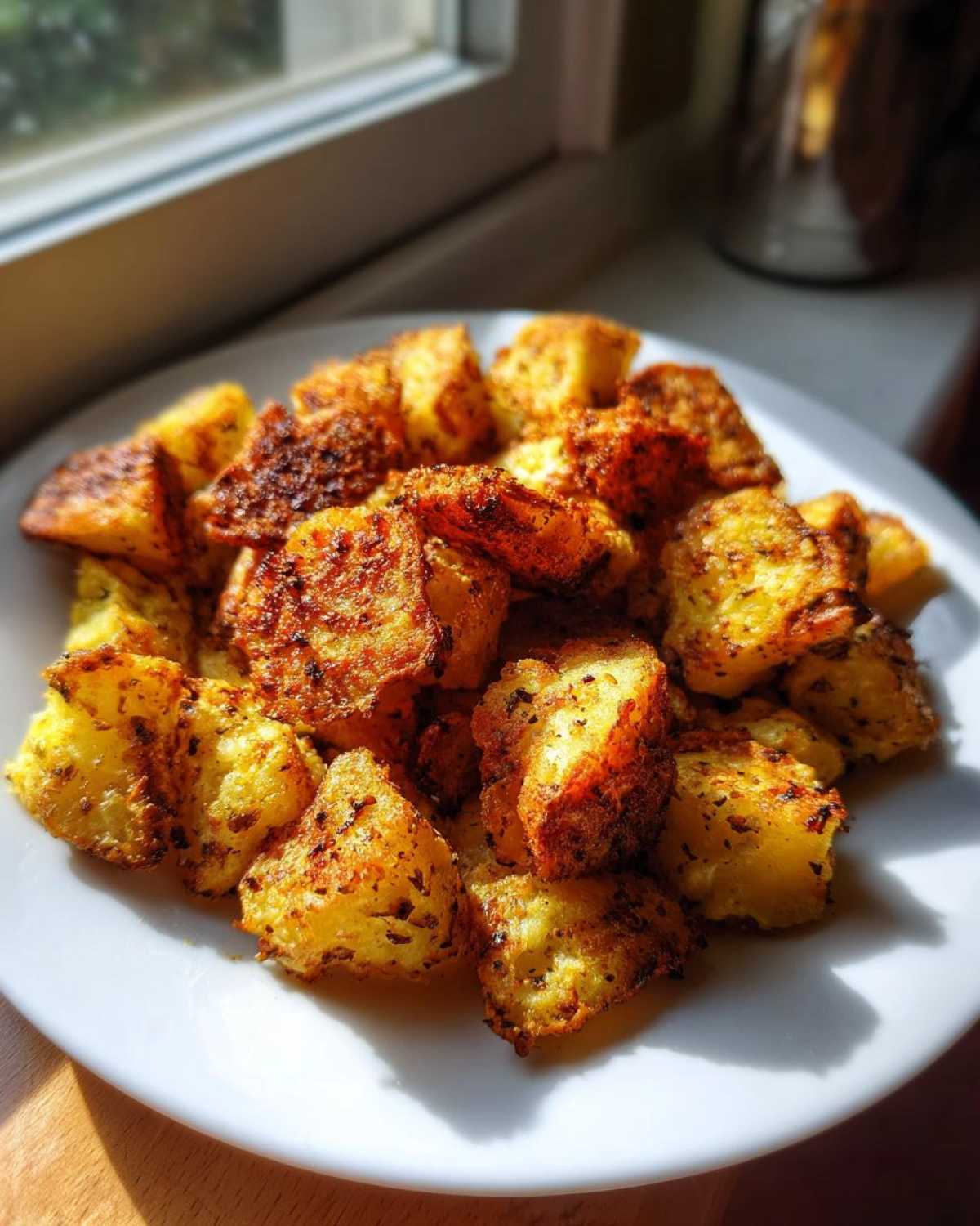 A white plate piled high with golden brown, crispy seasoned breakfast potatoes, brightly lit by sunlight.