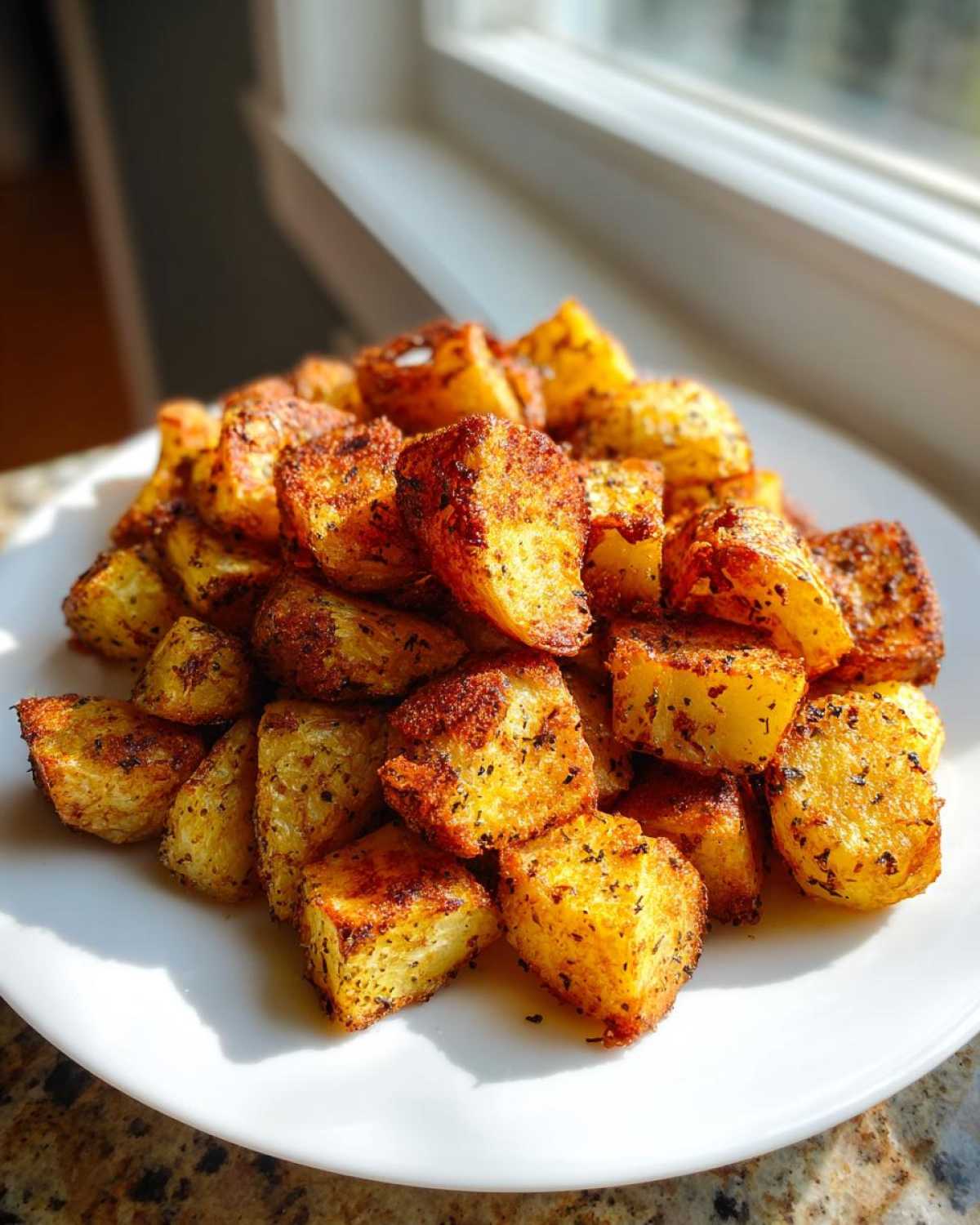 A mound of golden, crispy seasoned breakfast potatoes piled high on a white plate near a sunny window.