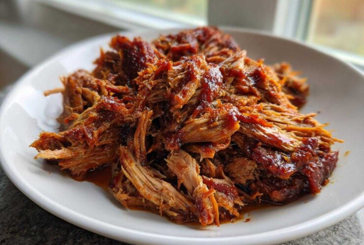 A close-up of tender, saucy crock pot pulled pork piled high on a white plate.