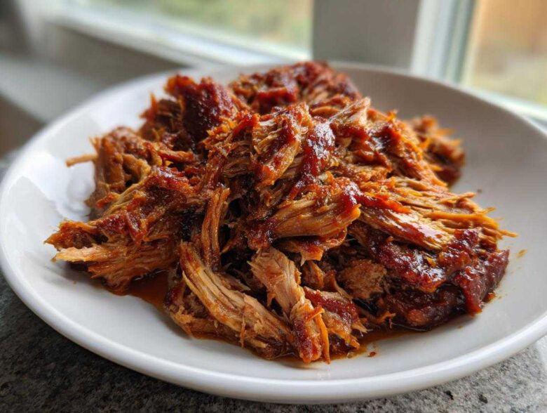 A close-up of tender, saucy crock pot pulled pork piled high on a white plate.