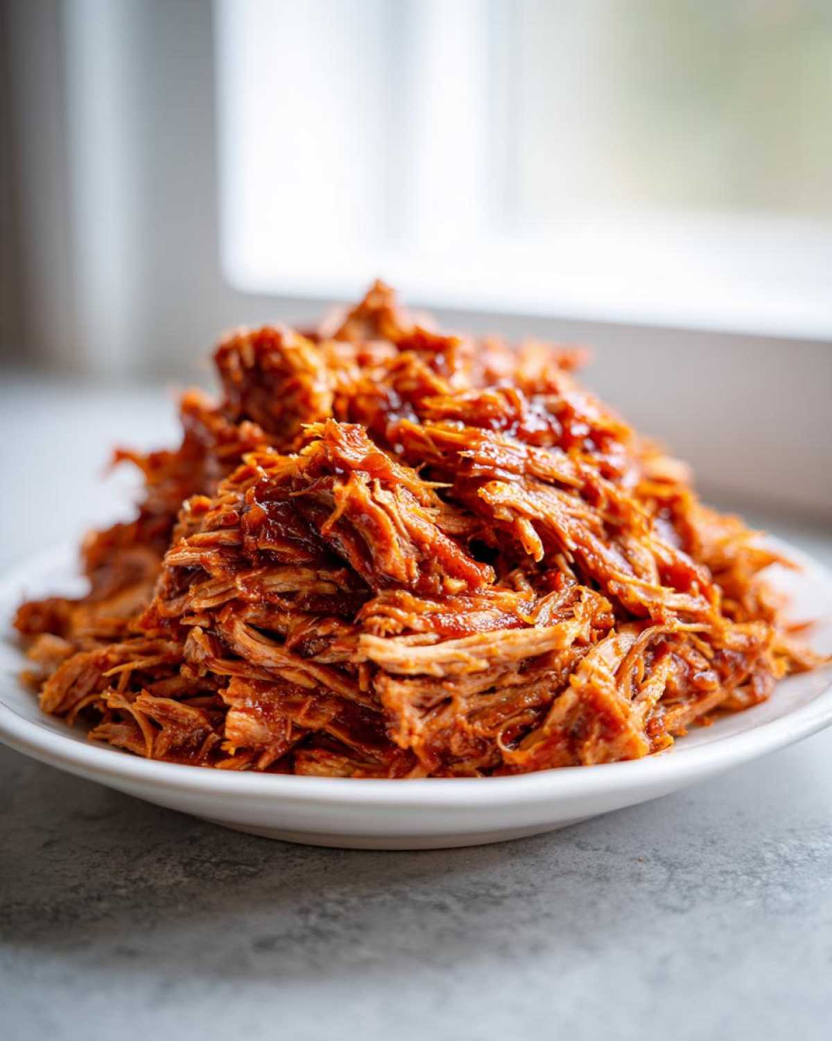 A close-up of a generous mound of saucy, shredded crock pot pulled pork piled high on a white plate.
