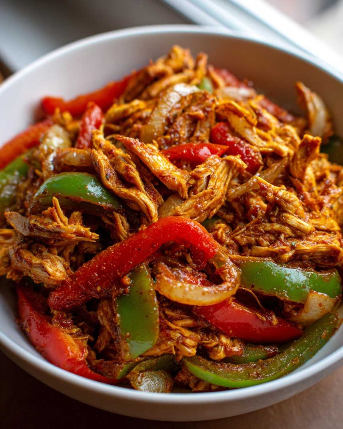 Close-up of shredded chicken mixed with sautéed red and green bell peppers and onions for crockpot chicken fajitas.