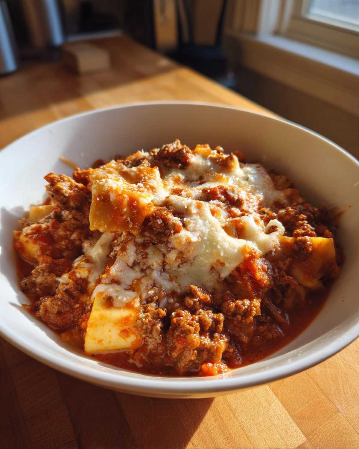 A close-up of a white bowl filled with rich crockpot lasagna soup, featuring meat sauce, pasta pieces, and melted mozzarella cheese.