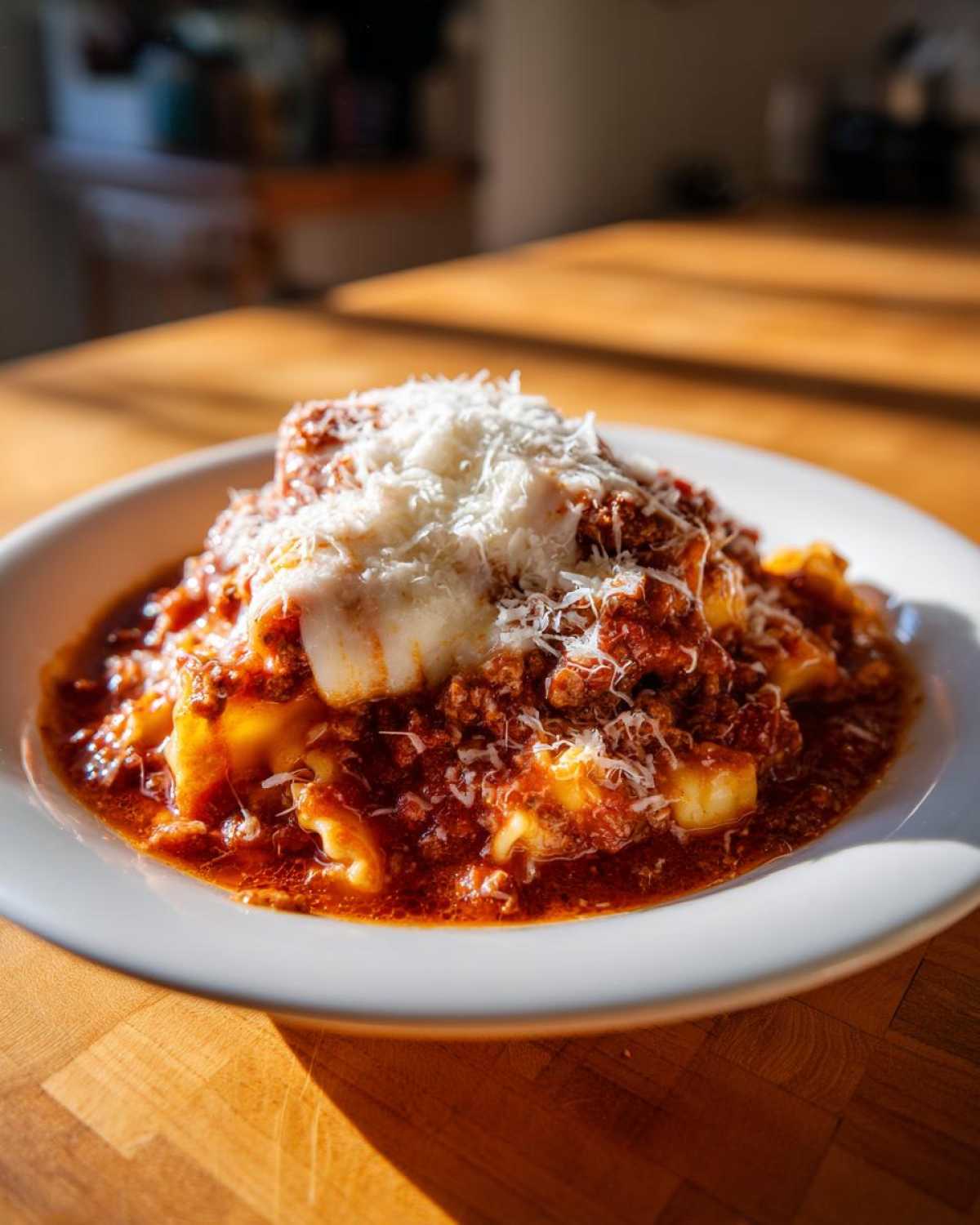 A bowl of rich crockpot lasagna soup topped with meat sauce, melted cheese, and grated Parmesan.