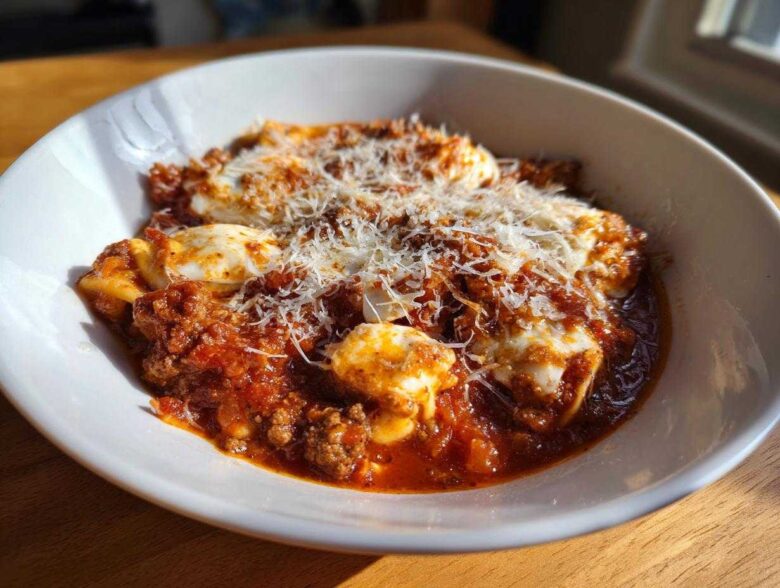 A white bowl filled with rich crockpot lasagna soup featuring meat sauce, pasta, and melted mozzarella topped with grated Parmesan cheese.