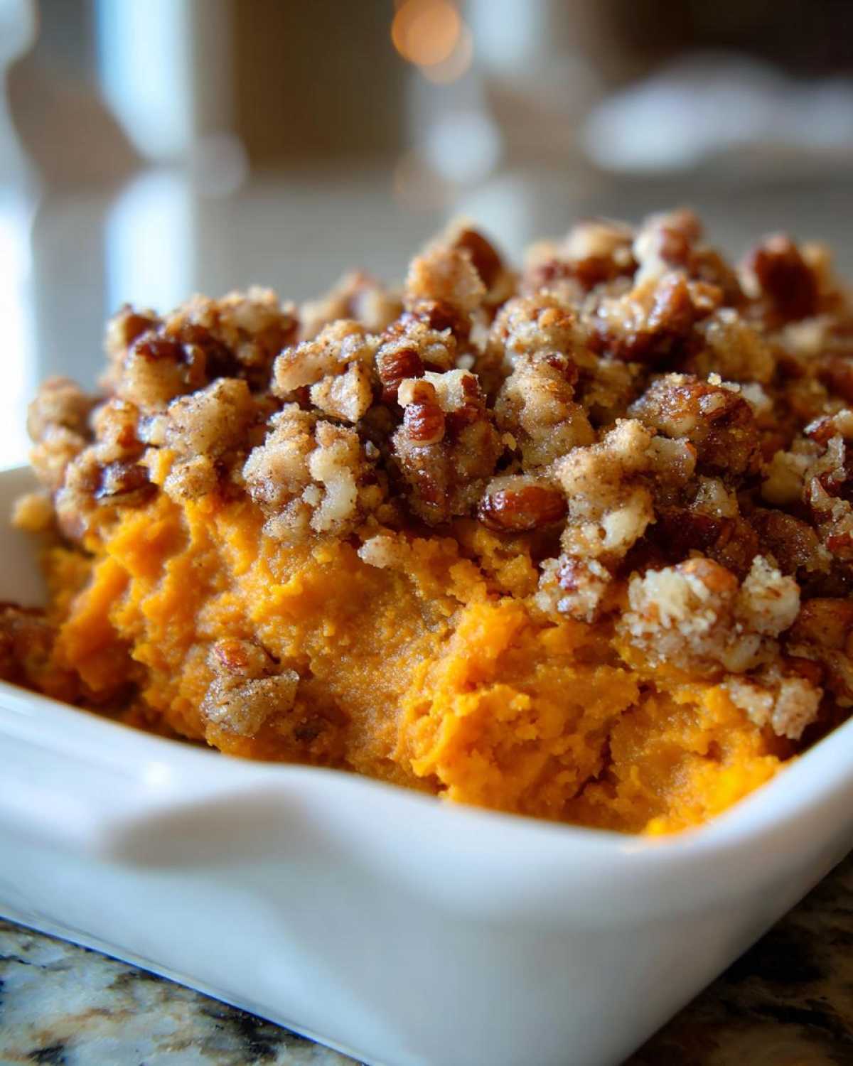 A close-up view of creamy crockpot sweet potato casserole topped generously with a crunchy pecan and brown sugar streusel.