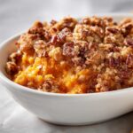 A close-up of creamy crockpot sweet potato casserole topped with a crunchy pecan streusel topping in a white bowl.