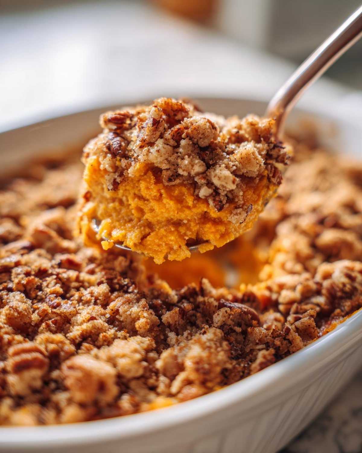 A spoonful of creamy crockpot sweet potato casserole topped with a crunchy pecan streusel being lifted from the dish.