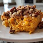 A close-up serving of moist crockpot sweet potato casserole topped with a crunchy pecan streusel topping.