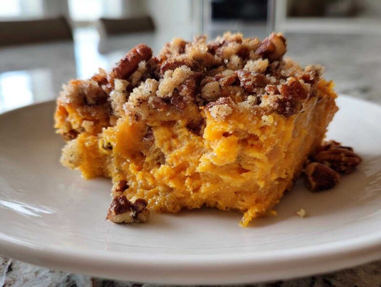 A close-up serving of moist crockpot sweet potato casserole topped with a crunchy pecan streusel topping.