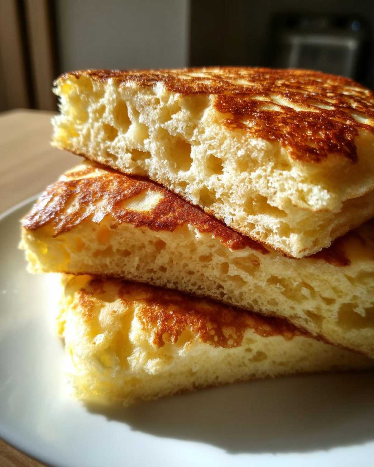 Close-up of three stacked, cut fluffy pancakes showing the airy, porous interior texture.