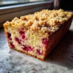 A close-up, cross-section view of a moist plum cake loaf featuring bright red fruit pieces and a thick, golden streusel topping.