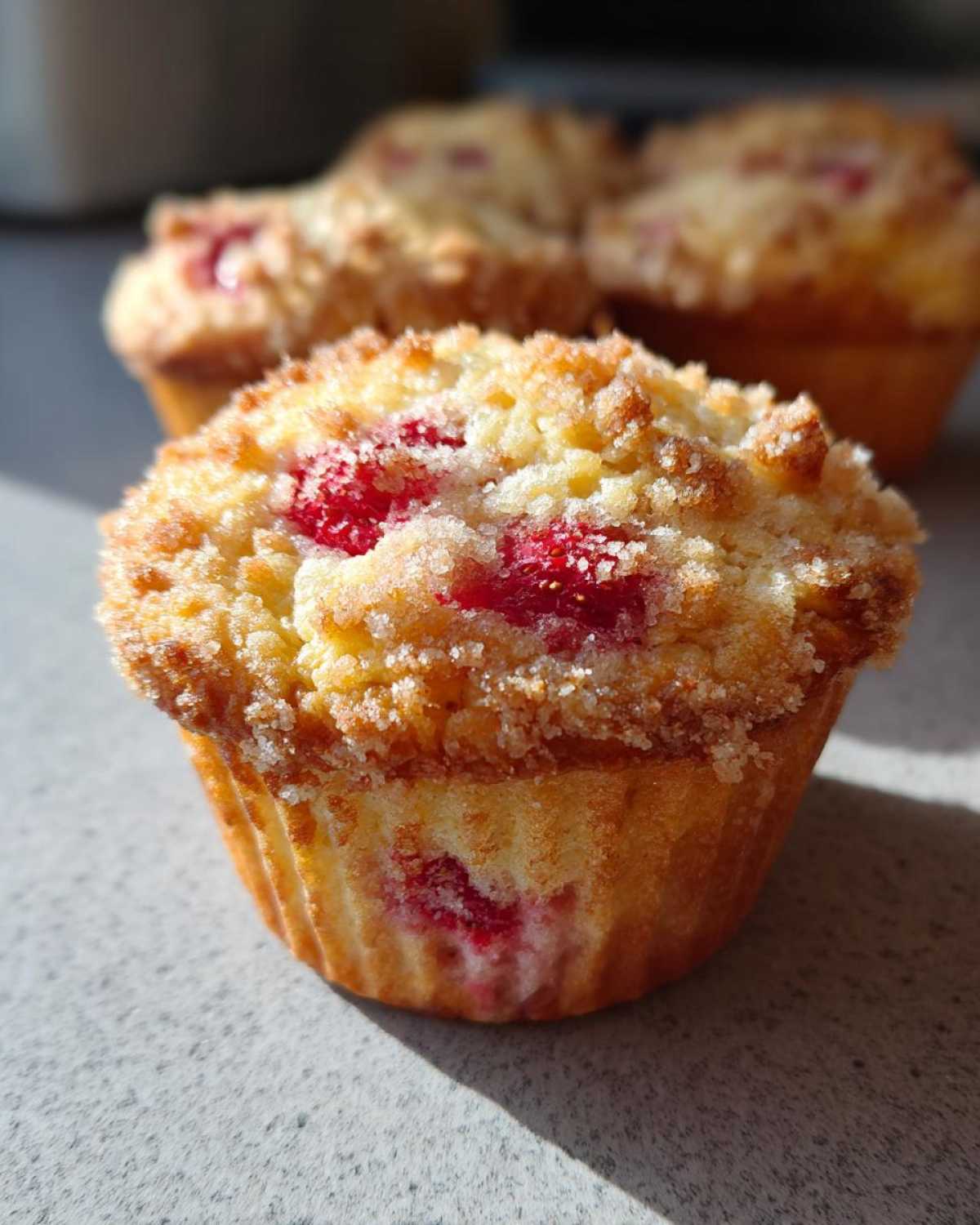 A close-up of a freshly baked strawberry muffin with a sugary crumb topping, with more strawberry muffins blurred in the background.