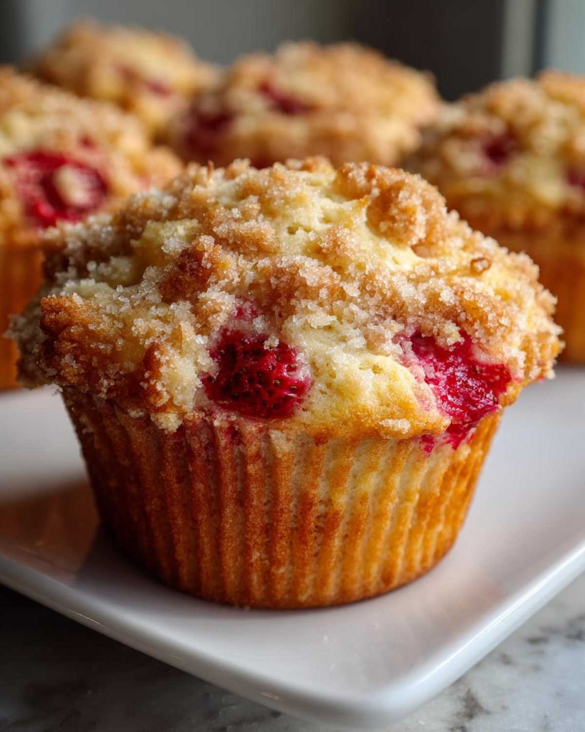 A close-up of a golden brown strawberry muffin topped with streusel and coarse sugar, with more strawberry muffins blurred in the background.