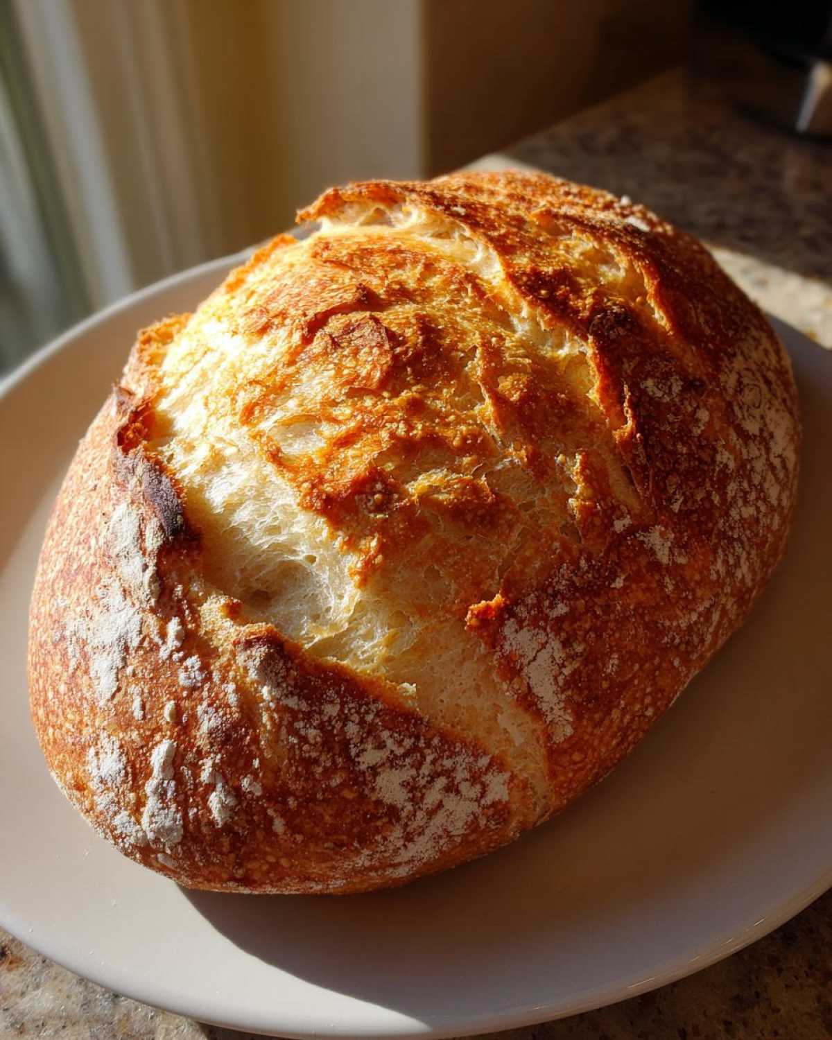 A freshly baked loaf of italian bread with a deeply scored, golden-brown, crusty top dusted with flour.