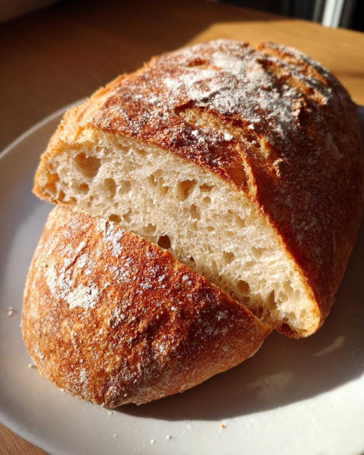 Close-up of a freshly baked loaf of italian bread, sliced to show the airy interior and golden, flour-dusted crust.