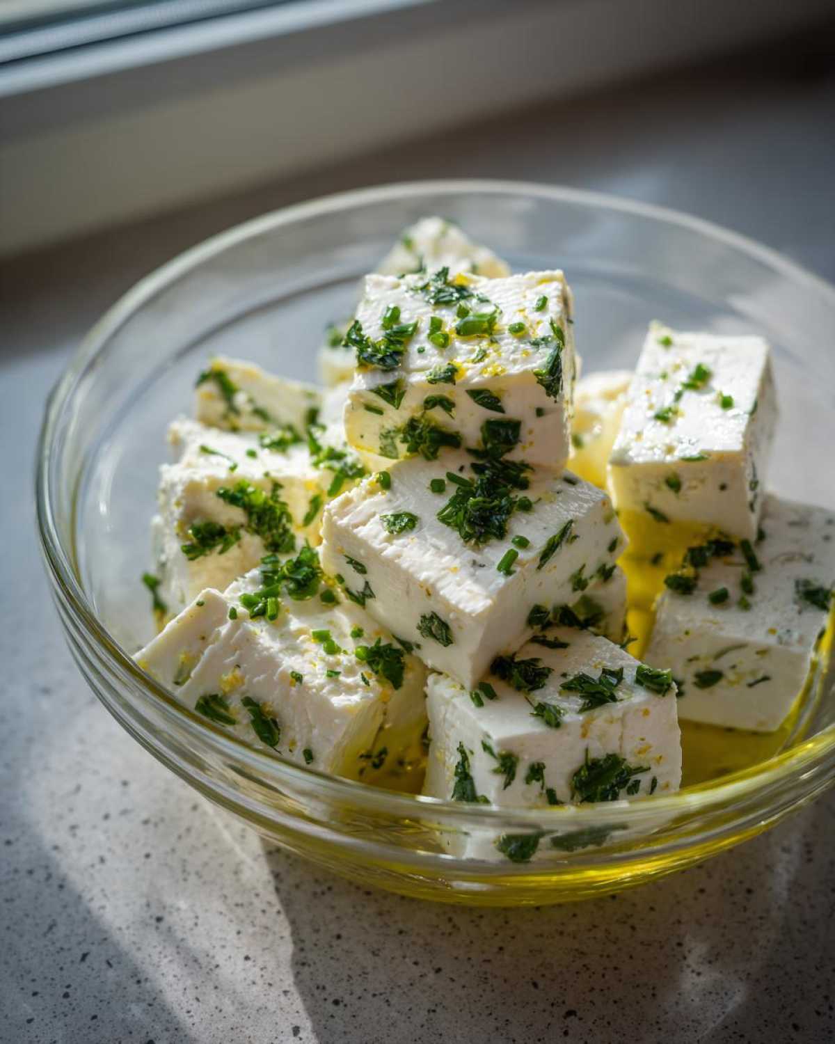Close-up of cubed marinated cheese generously topped with fresh green herbs, sitting in olive oil in a clear glass bowl.