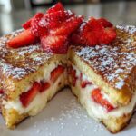 Cross-section of decadent stuffed french toast filled with cream cheese and fresh strawberries, topped with powdered sugar.
