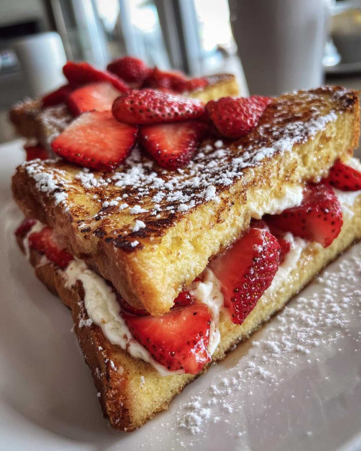Close-up of decadent stuffed french toast layered with cream cheese and fresh strawberries, dusted with powdered sugar.