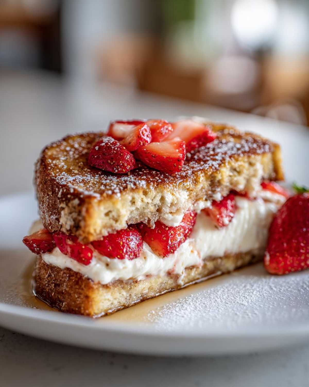 A decadent slice of stuffed french toast filled with cream cheese and fresh strawberries, dusted with powdered sugar.