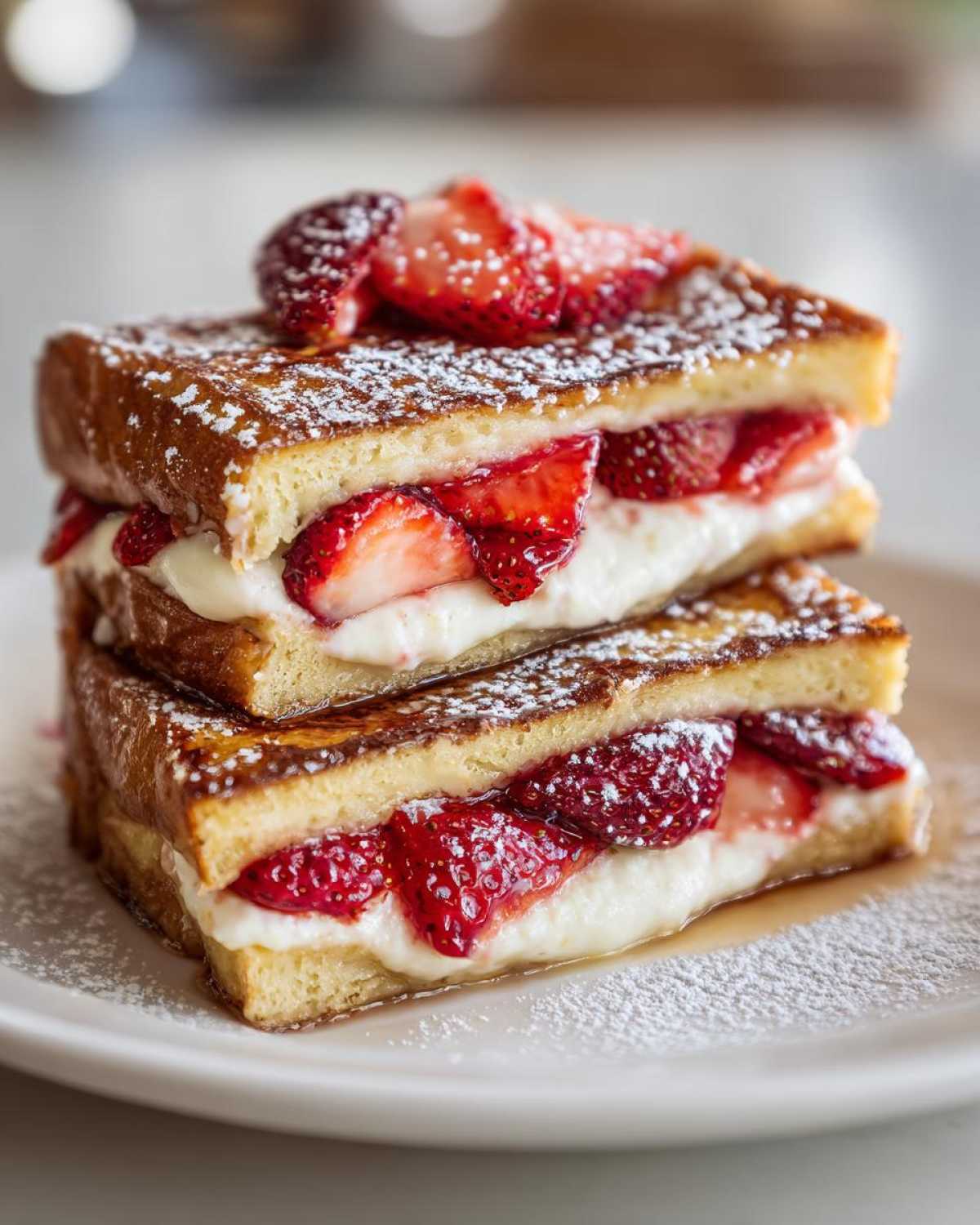 Close-up of two stacked slices of stuffed french toast filled with cream cheese and fresh strawberries, dusted with powdered sugar.