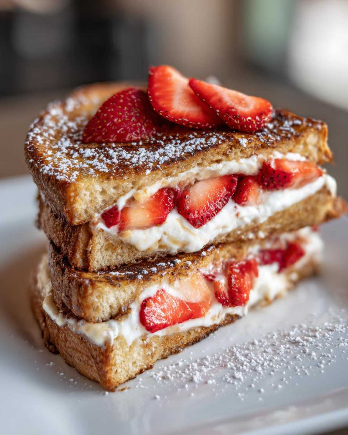 Close-up of two stacked slices of stuffed french toast filled with cream cheese and fresh strawberries, dusted with powdered sugar.
