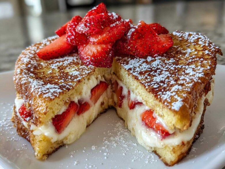 Cross-section of decadent stuffed french toast filled with cream cheese and fresh strawberries, topped with powdered sugar.