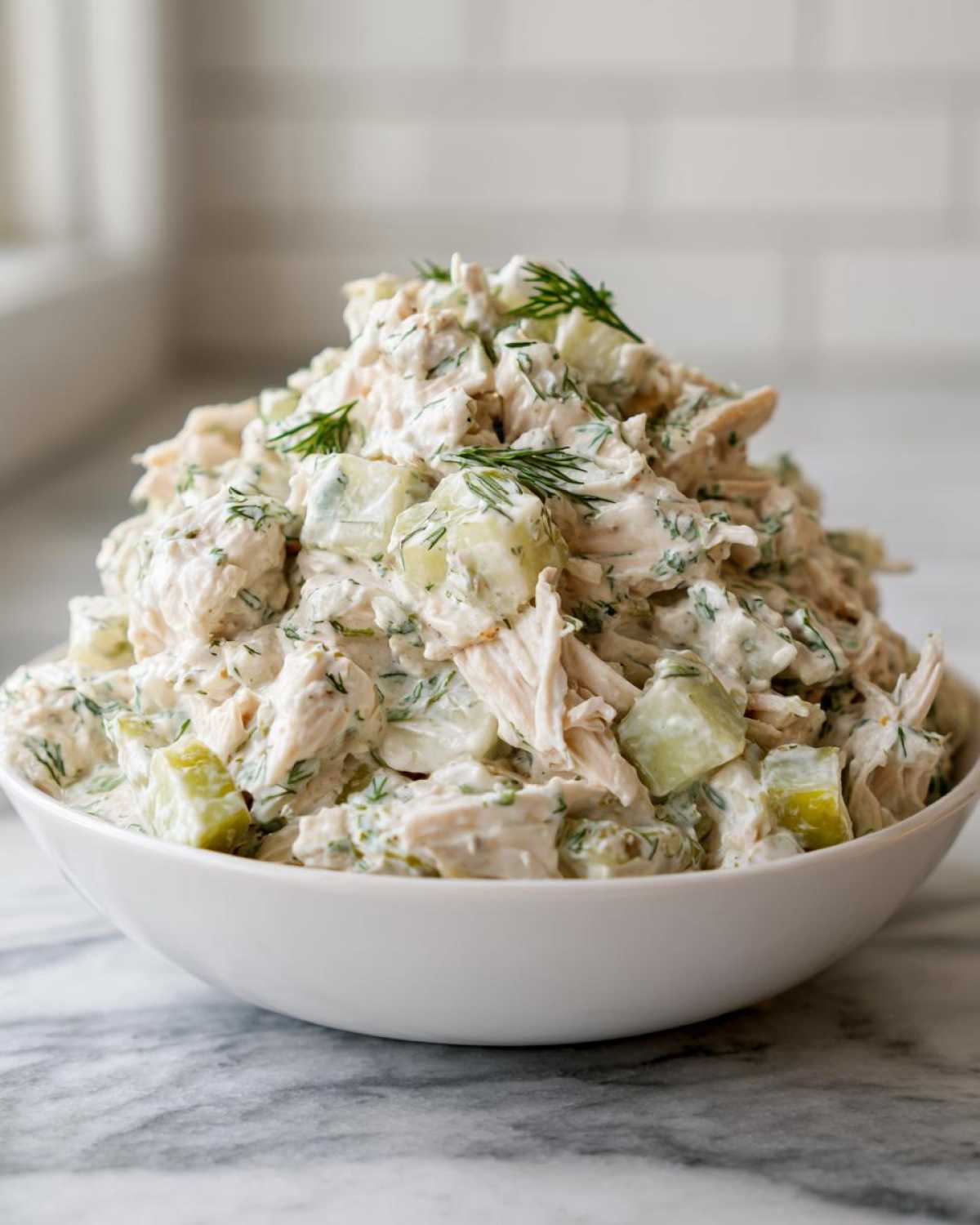 A generous bowl overflowing with creamy dill pickle chicken salad, featuring shredded chicken and pickle chunks, topped with fresh dill.