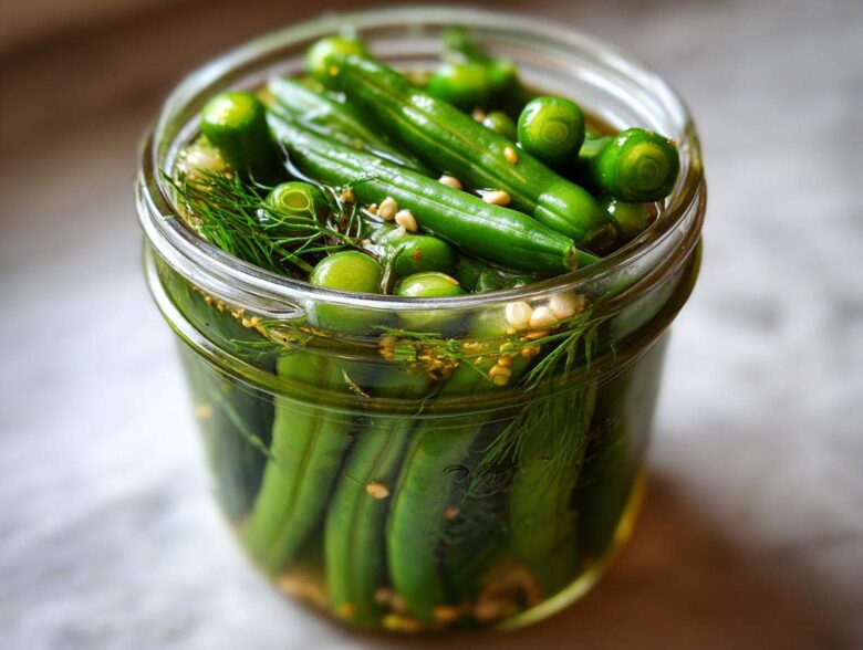 Close-up of fresh green beans and dill being pickled in a glass jar to make dilly beans.