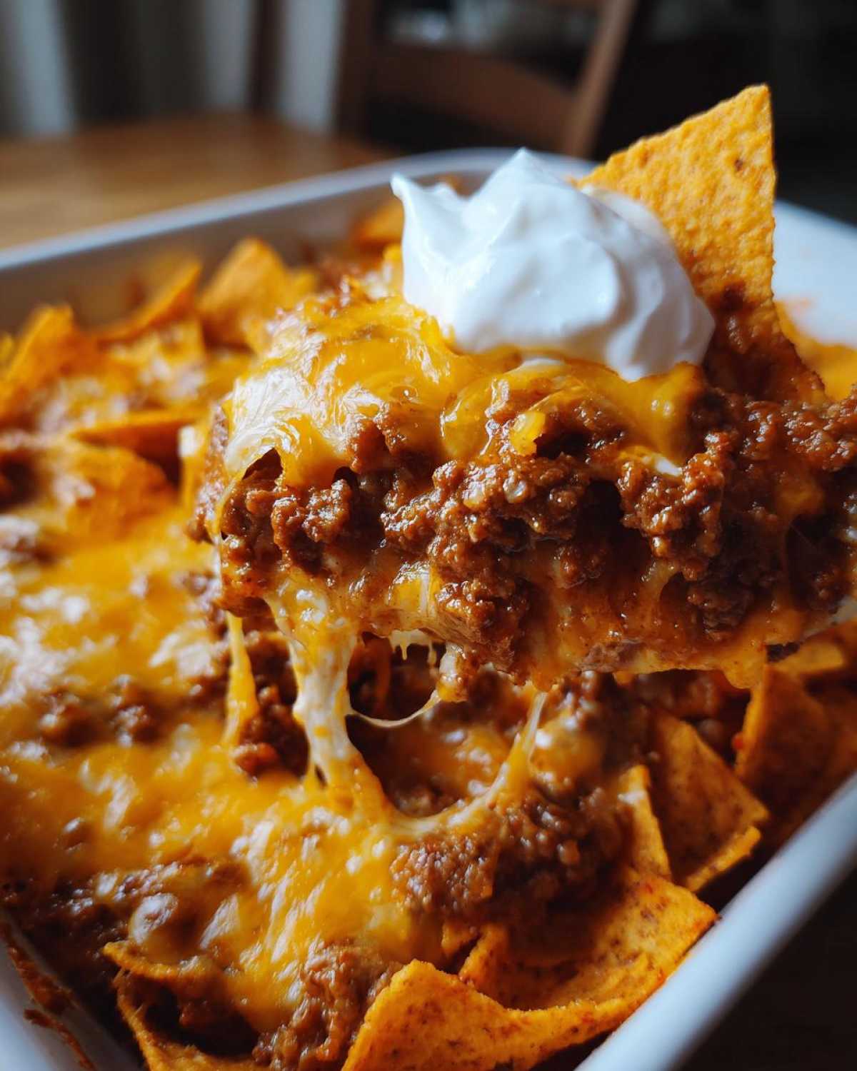 A spoonful of cheesy Dorito Casserole topped with sour cream being lifted from the baking dish.