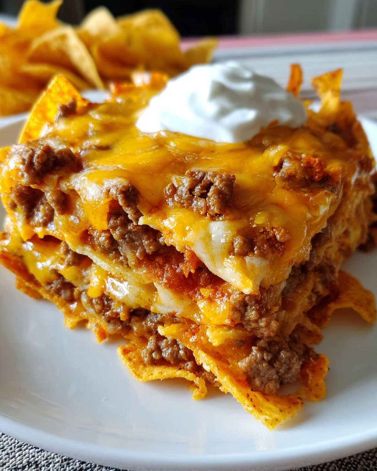 A layered slice of Dorito Casserole topped with melted cheese and a dollop of sour cream.