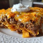 A close-up slice of Dorito Casserole layered with seasoned ground beef, melted cheese, and topped with a dollop of sour cream.