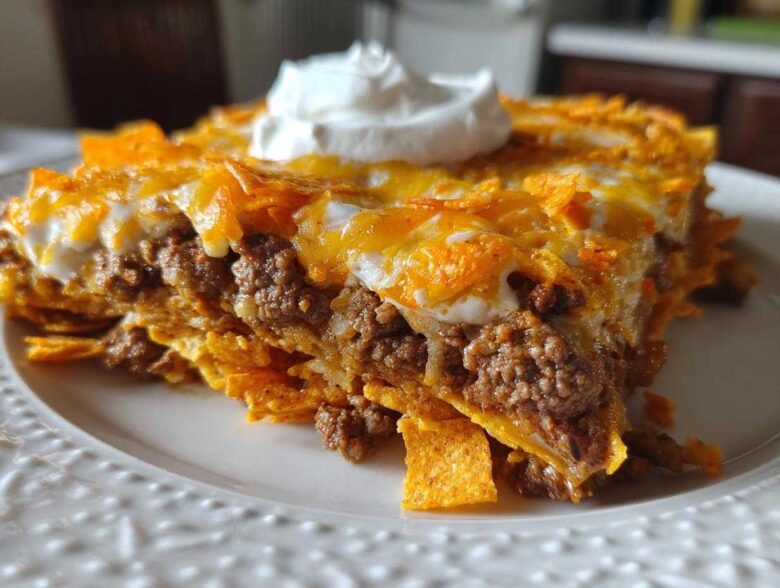 A close-up slice of Dorito Casserole layered with seasoned ground beef, melted cheese, and topped with a dollop of sour cream.