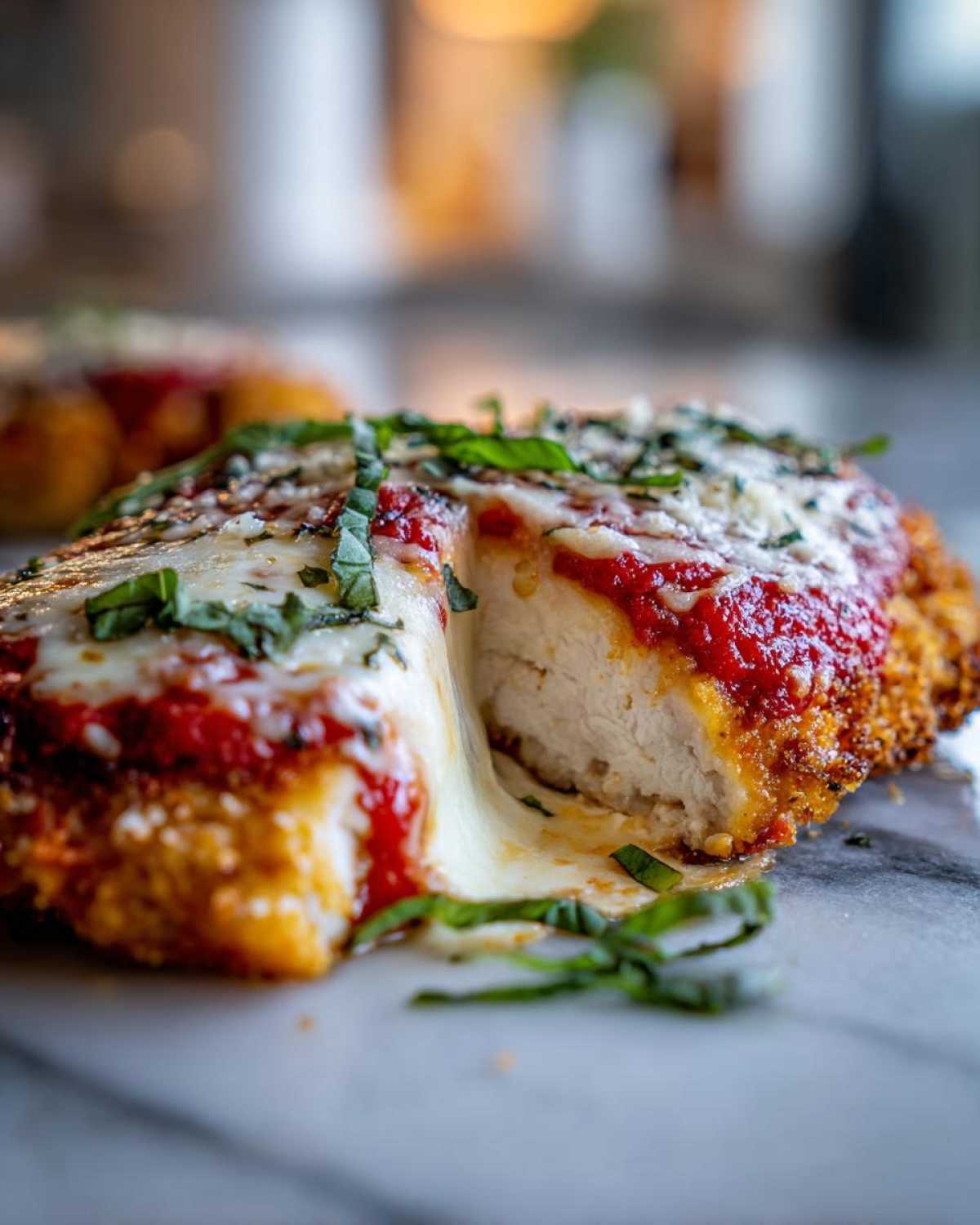 Close-up of Easy chicken Parmesan cut open showing melted mozzarella cheese stretching from the juicy chicken breast.