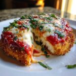 Close-up of Easy Chicken Parmesan cut open showing melted mozzarella cheese pull, tomato sauce, and basil garnish.
