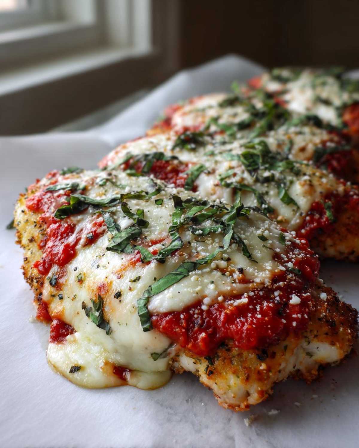 Close-up of baked Easy Chicken Parmesan fillets topped with melted mozzarella, marinara sauce, and fresh basil.