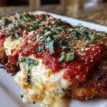 Close-up of a serving of Easy Chicken Parmesan topped with melted mozzarella, marinara sauce, and fresh basil.