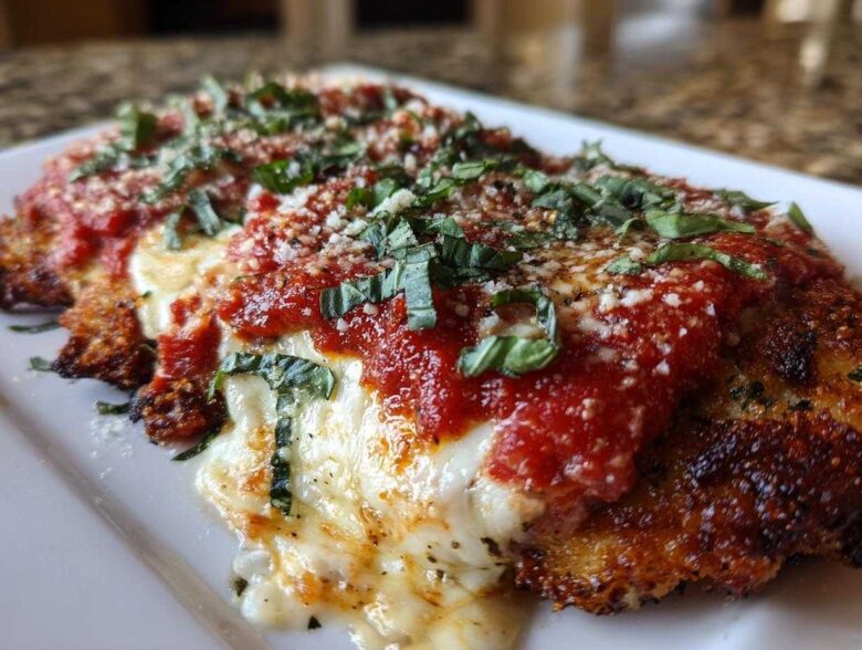 Close-up of a serving of Easy Chicken Parmesan topped with melted mozzarella, marinara sauce, and fresh basil.