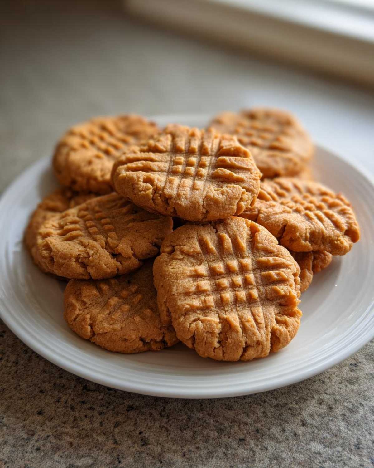 A stack of freshly baked Easy Peanut Butter Cookies with classic crosshatch fork marks, served on a white plate.