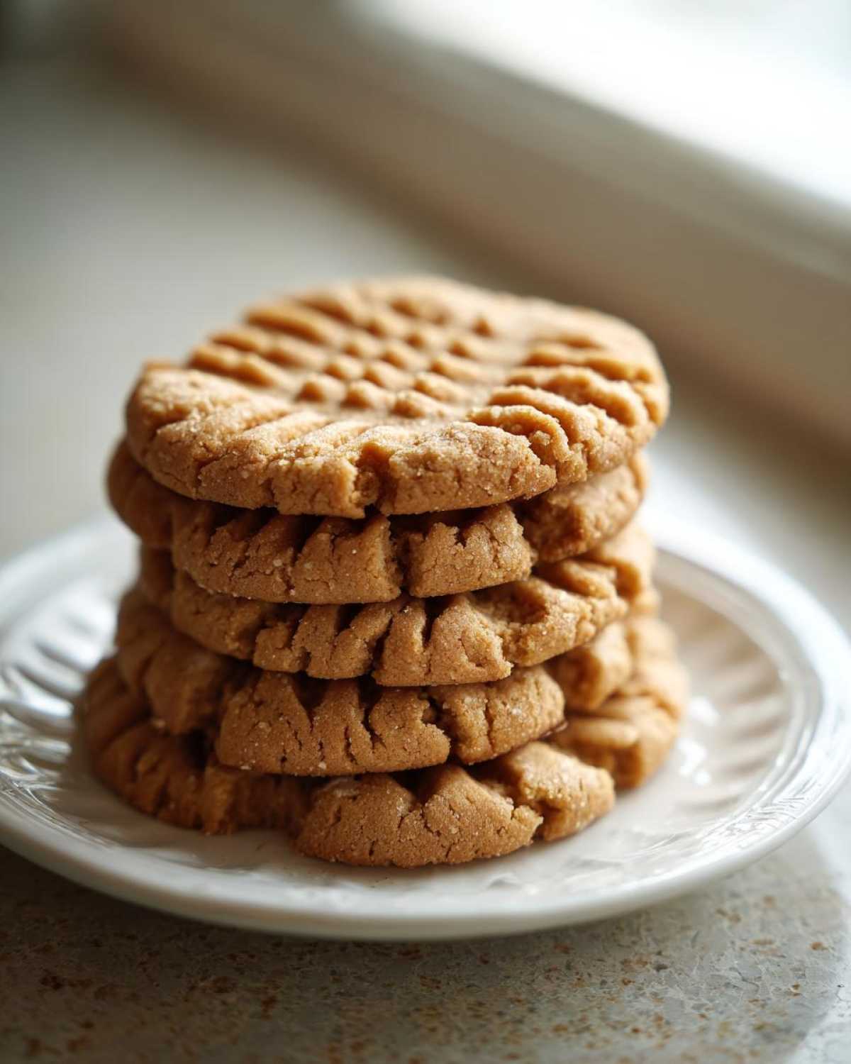 A stack of five classic Easy Peanut Butter Cookies showing the traditional crisscross fork marks on top.