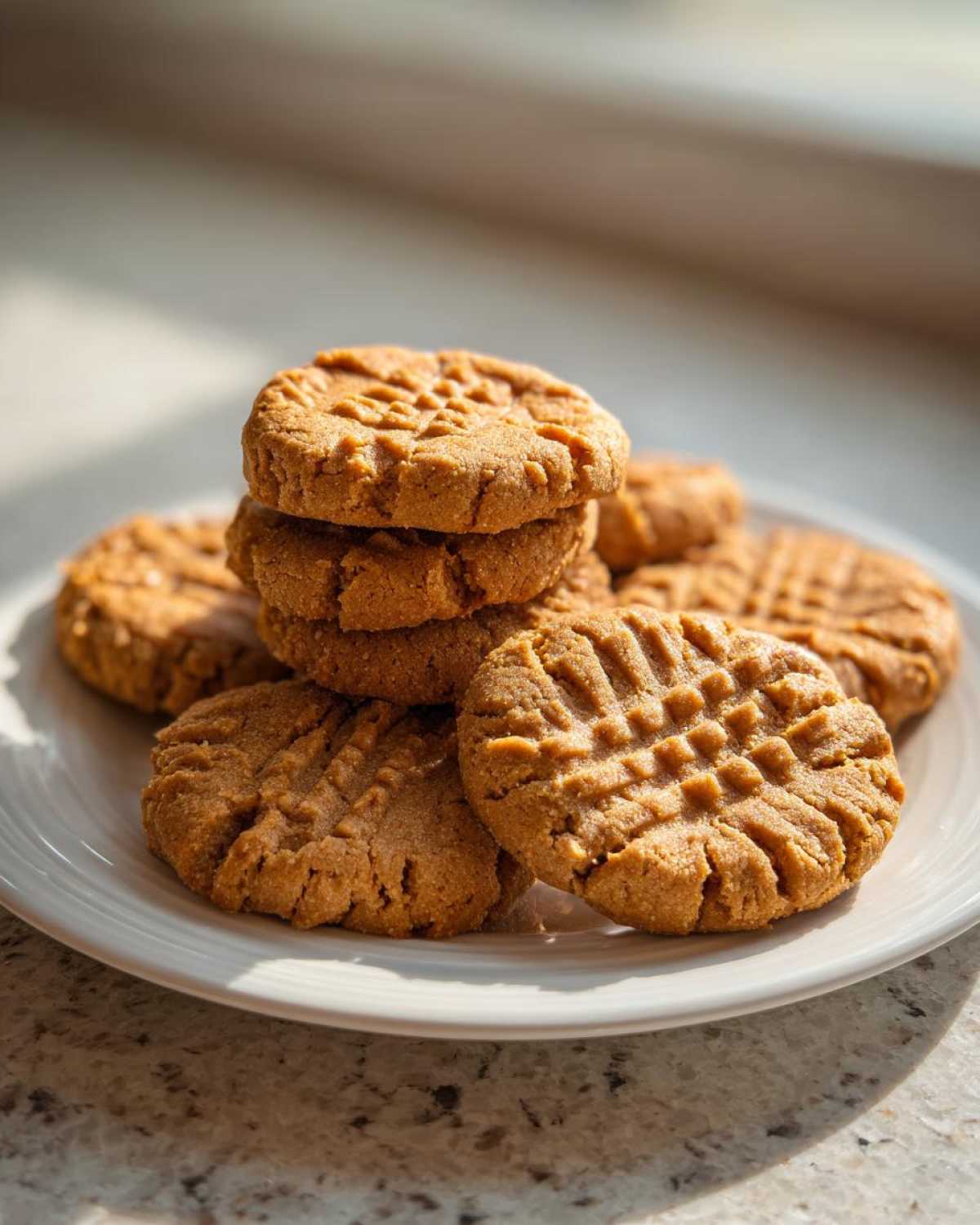 A stack and pile of freshly baked Easy Peanut Butter Cookies featuring classic crosshatch fork marks on a white plate.