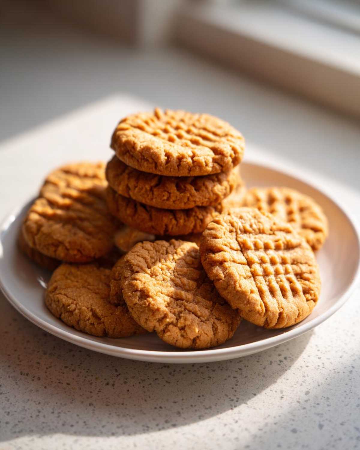 A plate piled high with golden brown Easy Peanut Butter Cookies featuring classic criss-cross fork marks.