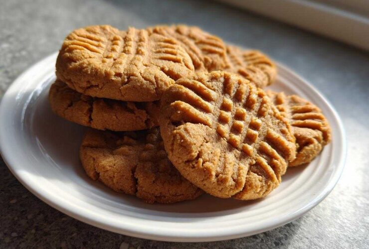 A stack of golden brown Easy Peanut Butter Cookies featuring classic criss-cross fork marks, resting on a white plate.