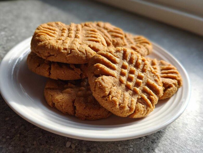 A stack of golden brown Easy Peanut Butter Cookies featuring classic criss-cross fork marks, resting on a white plate.
