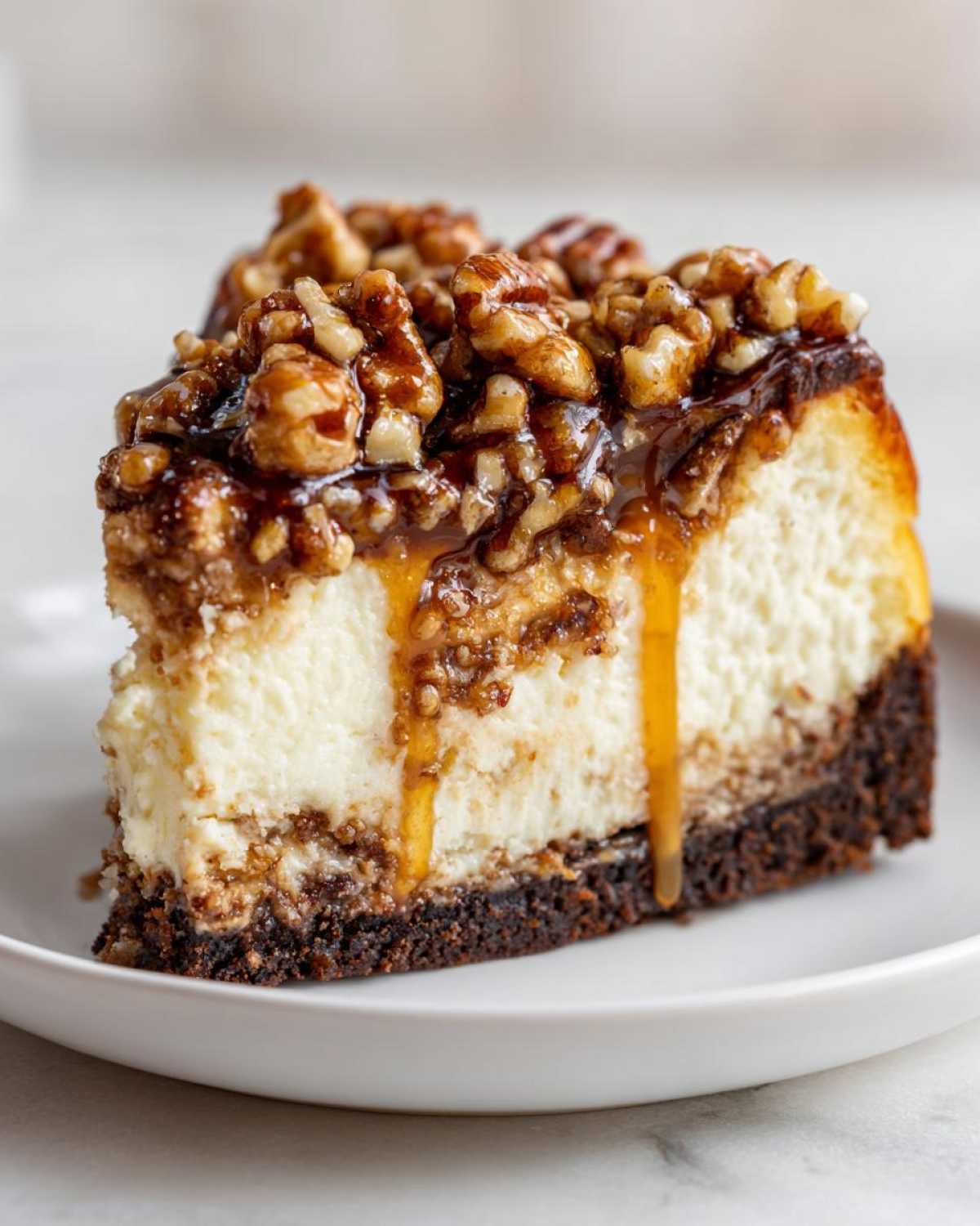A decadent slice of turtle cheesecake featuring a dark crust, creamy filling, and topped with caramel and candied pecans.