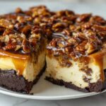 A decadent slice cut from a whole turtle cheesecake, featuring a dark crust, creamy filling, and a topping of caramel sauce and candied pecans.