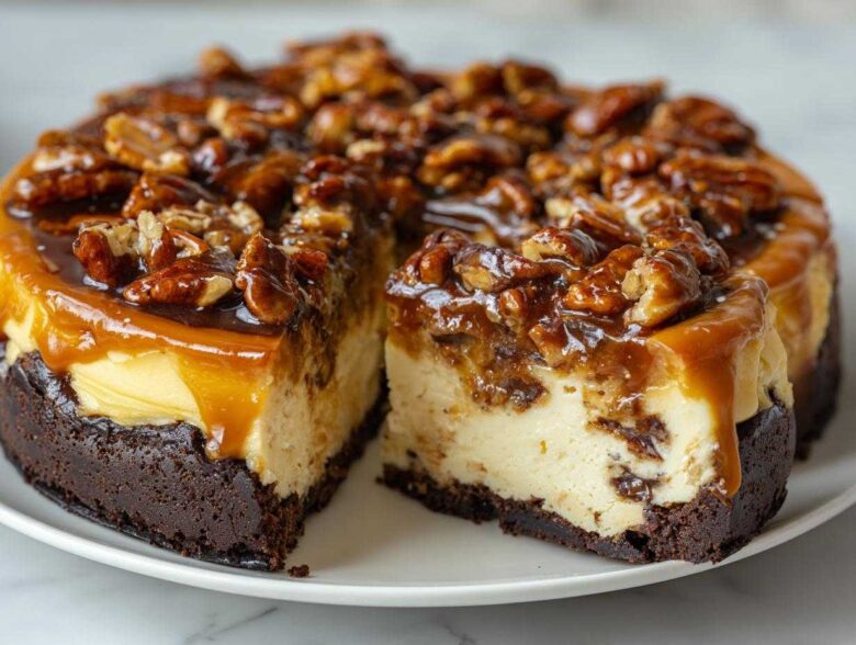A decadent slice cut from a whole turtle cheesecake, featuring a dark crust, creamy filling, and a topping of caramel sauce and candied pecans.