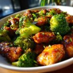 Close-up of glossy, saucy chicken and bright green broccoli florets in a white bowl, featuring chicken and broccoli.