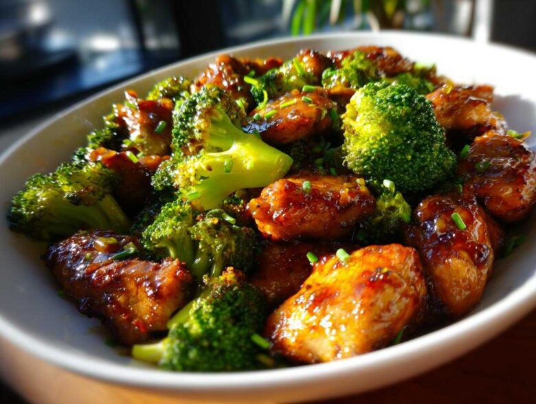 Close-up of glossy, saucy chicken and bright green broccoli florets in a white bowl, featuring chicken and broccoli.