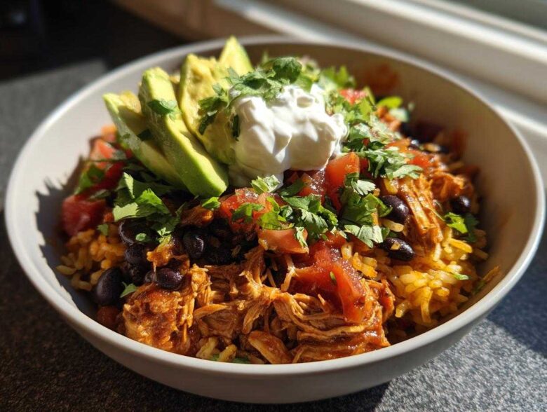 A vibrant, fully loaded chicken burrito bowl featuring shredded chicken, seasoned rice, black beans, avocado slices, salsa, and sour cream.